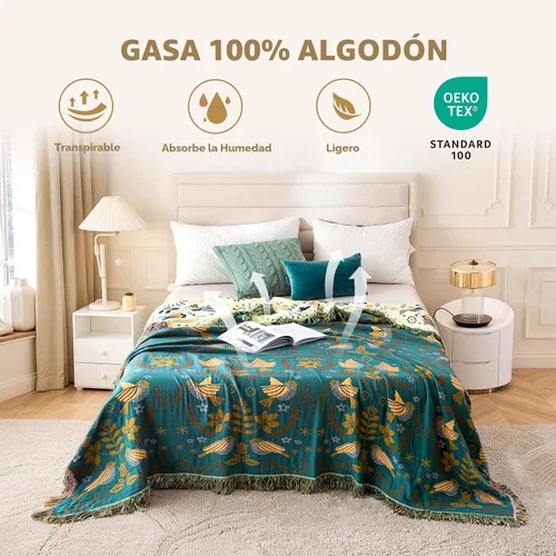 Miniatura 4 de LUTBM Manta bohemia 100% algodón suave con diseño de pájaros y flores, doble bordado, transpirable, para verano, 50 x 60 pulgadas, para todas