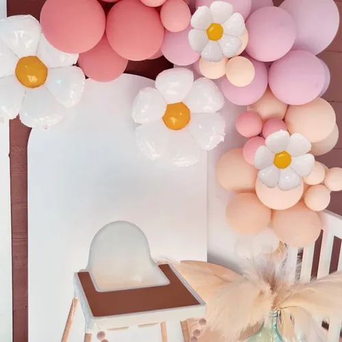 Sweet Baby Co. - Guirnalda de globos de margaritas con decoración de fiesta de cumpleaños retro hippie, globos de flores, 18, 10, 5 pulgadas, rosa,
