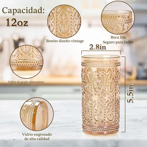 Miniatura 2 de abrwyy Juego de cristalería ámbar de 4 vasos vintage para beber, vasos de vidrio resistentes de 12 oz ámbar, vaso Old Fashioned, juego de vasos