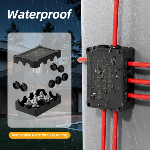 Miniatura 5 de Soporte de fusible ANL con fusibles de 300 A, 400 A, 500 A, bloque de fusibles marino impermeable máximo 1000 A, 1 en 3-6 salidas, 4 pernos M8