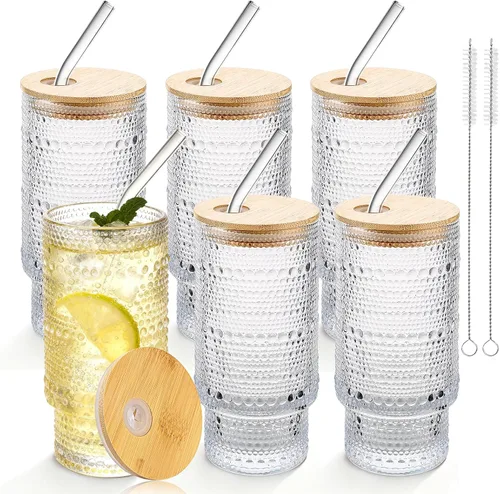 Miniatura 15 de Vasos de vidrio vintage con tapas y pajitas de bambú de 16 onzas, vaso vintage en relieve floral tazas de vidrio para whisky, cerveza, tazas de café