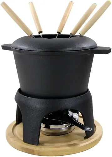 Juego de fondue tradicional de hierro fundido esmaltado negro mate para fondue suiza, 12 piezas, para carne, chocolate y queso, hierro fundido para