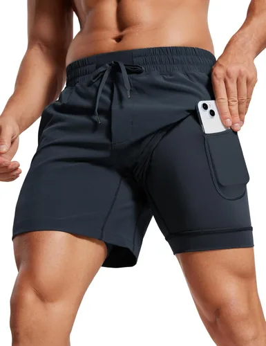Miniatura 10 de CRZ YOGA Pantalones cortos de correr 2 en 1 para hombre de 5 pulgadas, forrados, de secado rápido, para entrenamiento, deportes, atletismo