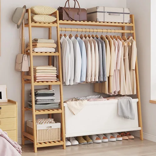Miniatura 2 de Bamboo Coat Rack with Storage Rack,Freestanding Clothes Rack with Storage Bag,Wood Closet Shelf with Hanging Rod,Clothes Storage Organizer