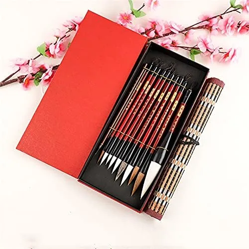 Pincel de escritura para acuarela, juego de pinceles de caligrafía china kanji japonés Sumi Pintura Pinceles de dibujo+soporte de pincel de bambú 12