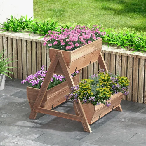 Miniatura 3 de Giantex Cama de jardín vertical elevada, 3 cajas de madera para flores, verduras, frutas y hierbas, maceta de jardín independiente con agujeros