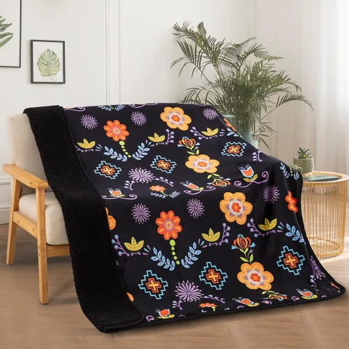 Manta de forro polar Sherpa para sofá, súper mullida, suave y acogedora manta de felpa de doble cara, 50 x 60 pulgadas (diseño floral nativo)