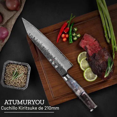 Miniatura 7 de Cuchillo de chef japonés Kiritsuke de 8.27 pulgadas con núcleo VG10, cuchillo profesional de Damasco forjado a mano de 67 capas con mango