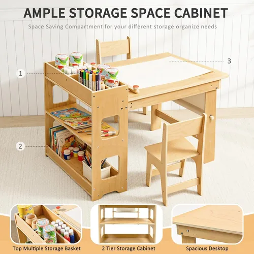 Miniatura 3 de WINGYZ Mesa y sillas de arte para niños, mesa de actividades para niños pequeños y 2 sillas con armario de almacenamiento, mesa de manualidades 5