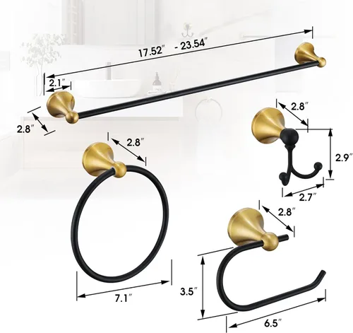 Miniatura 7 de Juego de Herrajes de Baño Dorado Cepillado y Negro, Kit de Accesorios de Baño Negro y Dorado de 4 Piezas de Acero Inoxidable Barra de Toalla de 23.6