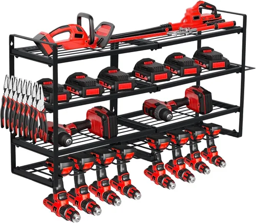 Miniatura 13 de Organizador de herramientas eléctricas con estación de carga, estante de garaje resistente de 3 capas con 8 tomas, 4 estantes de almacenamiento
