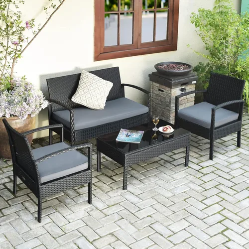 Juego de 4 muebles de patio para exteriores, juego de sofá de mimbre con cojín gris resistente al agua y mesa de vidrio templado para patio trasero,
