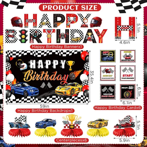 Miniatura 3 de Kit de decoración de fiesta de cumpleaños de auto de carreras para niños, cartel de feliz cumpleaños, telón de fondo de carreras con temática