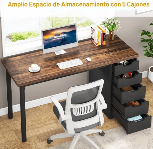 Miniatura 4 de Tribesigns Escritorio para computadora con 5 cajones, escritorio rústico de oficina en casa de 47 pulgadas con almacenamiento, escritorio moderno