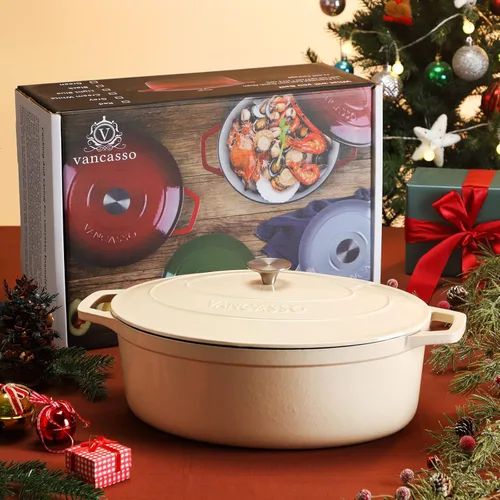 Miniatura 7 de vancasso Horno holandés de hierro fundido esmaltado, olla holandesa de 9.3 cuartos de galón con tapa, olla ovalada de hierro fundido con Crema