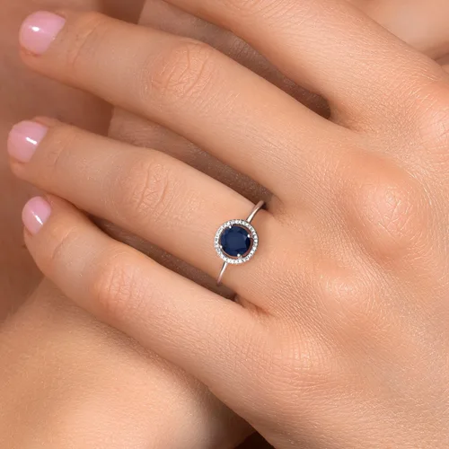 Miniatura 38 de Gem Stone King Anillo de compromiso de boda de oro blanco de 10 quilates con piedra natal y halo de diamantes Redondo de 0.236 in Anillo de oro
