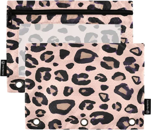 Estuche para lápices con estampado de leopardo y guepardo rosa para carpeta de 3 anillos, 2 bolsas para lápices con cremallera, estuche transparente