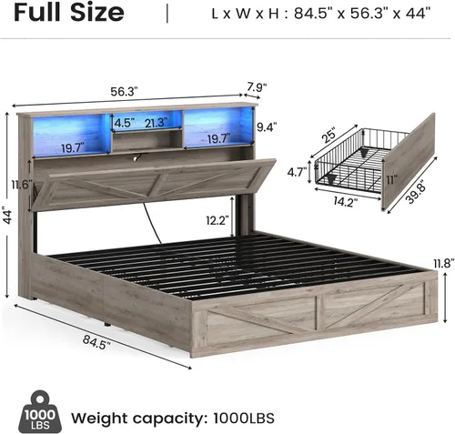 Miniatura 2 de AOGLLATI - Base de cama de tamaño matrimonial estilo granja con 4 cajones de almacenamiento y estación de carga, base de cama completa de madera
