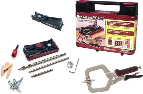 Milescraft Pocket Jig 200XCJ - Juego de herramientas para carpintería con plantillas de agujero de bolsillo de doble cañón y cañón simple,