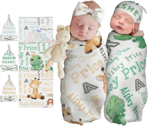 Miniatura 10 de Juego de manta personalizada para bebé con diadema acogedora y sombrero para niñas y niños recién nacidos, manta personalizada con nombre de bebé