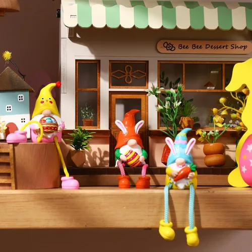 Miniatura 3 de 3 piezas Estatuillas de gnomos de conejo de Pascua con patas colgantes; decoraciones de resina de Pascua, figuras para adornos de estante