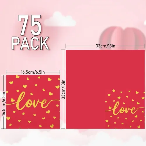 Miniatura 2 de Whaline Paquete de 75 servilletas para el día de San Valentín de 6.5 x 6.5 pulgadas, color rojo, rosa, dorado, servilletas de cena Love XOXO Kisses