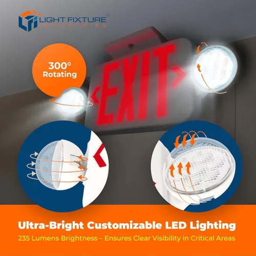 Miniatura 2 de LFI Lights - Señal de salida con luces de emergencia, LED rojo, blanco, 120/277VCA cableado, con batería de respaldo, doble cara opcional y flechas