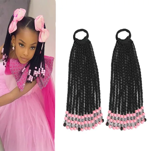 Kid's Summer Paquete de 2 extensiones de cola de caballo para niños con cuentas, trenzas de caja, extensiones de cabello sintético para bebés, Rosa