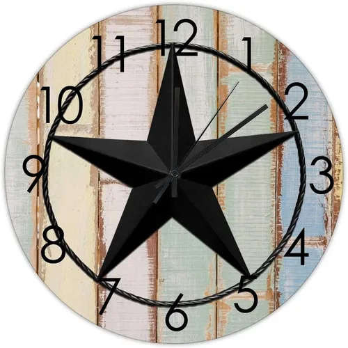Reloj de pared vintage con estrellas de Texas, funciona con pilas, silencioso, clásico, reloj de pared de madera antiguo, decoración de pared para