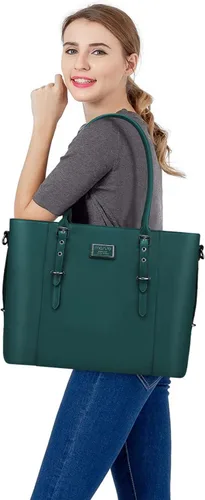 Miniatura 2 de MOSISO Bolsa Tote de Cuero PU para Laptop para Mujeres (17-17.3 pulgadas), Maletín Impermeable de Gran Capacidad para Trabajo de Negocios con Correa