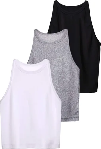 Miniatura 6 de 3 piezas de camiseta sin mangas básica para mujer, camiseta corta con espalda cruzada para mujer, sin mangas, deportes, entrenamiento, de algodón