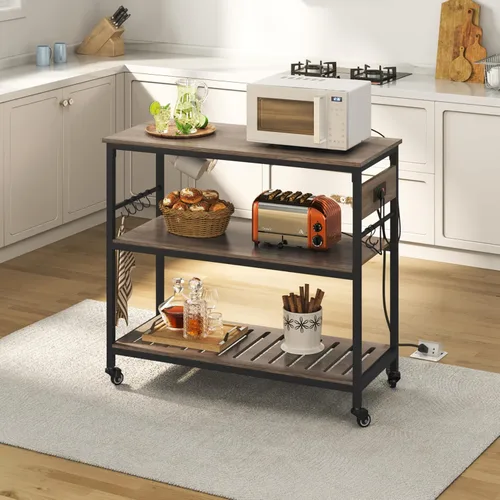 Miniatura 2 de Yaheetech Carrito de isla de cocina con toma de corriente, carritos de cocina con ruedas con almacenamiento, soporte de microondas de 3 niveles