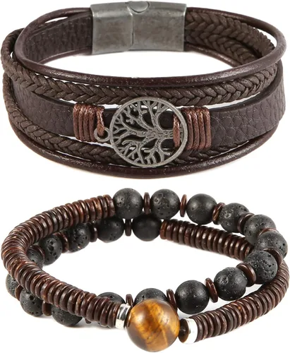 Miniatura 3 de HZMAN Pulseras de cuero genuino con diseño de árbol de la vida para hombres y mujeres, diseño de ojo de tigre, piedra natural, cuentas de roca