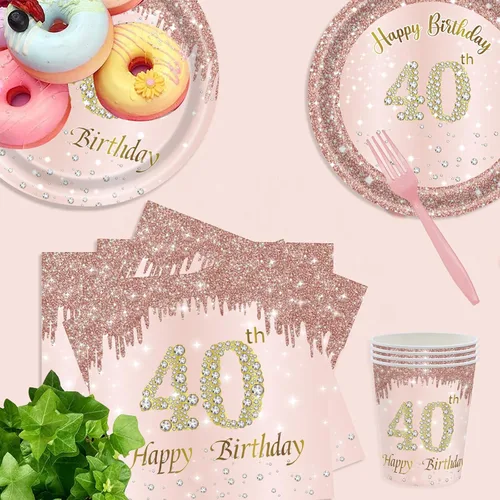 Miniatura 2 de 121 piezas de suministros para fiesta de 40 cumpleaños, platos, servilletas, tazas, tenedores, mantel, decoración temática de 40 cumpleaños en oro