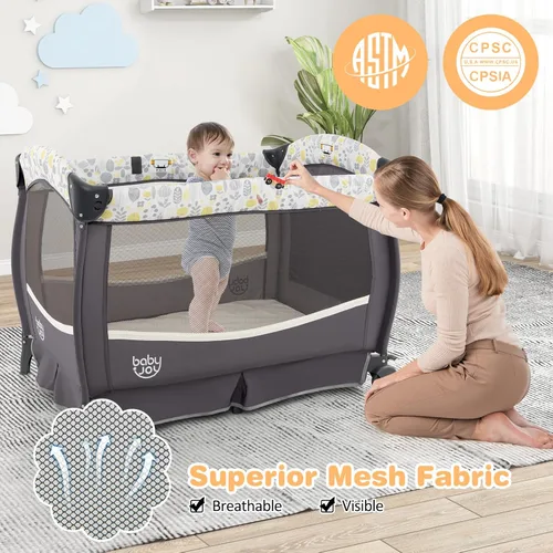 Miniatura 4 de BABY JOY 4 en 1 Pack and Play, corralito portátil para bebé con moisés y mesa de cambio abatible, toldo, centro de actividades de moisés para bebés