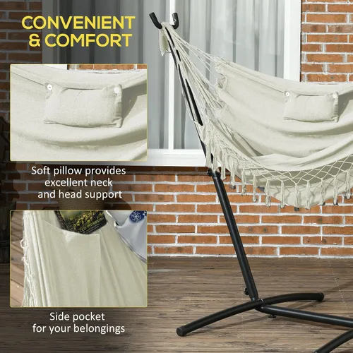 Miniatura 4 de Outsunny Silla hamaca de patio con soporte, hamaca para exteriores con bolsillo lateral y reposacabezas, color blanco crema