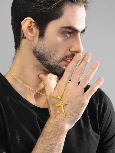 Miniatura 8 de U7 Colgante de cruz de crucifijo para hombre con cadena de bautismo, joyería cristiana, acero inoxidable, oro de 18 quilates, collar antiguo