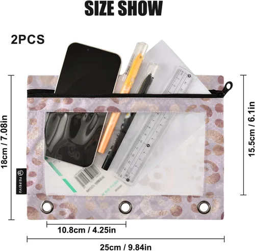 Miniatura 3 de Estuche para lápices con estampado de leopardo, guepardo, oro rosa, para carpeta de 3 anillas, 2 bolsas para lápices con cremallera, estuche