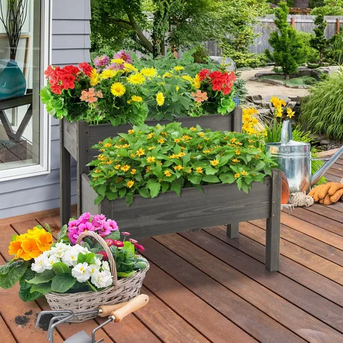 Miniatura 8 de RELAX4LIFE Cama de jardín elevada de 2 niveles, maceta elevada de madera de abeto con patas, 8 agujeros de drenaje, capacidad de 220 para cultivar