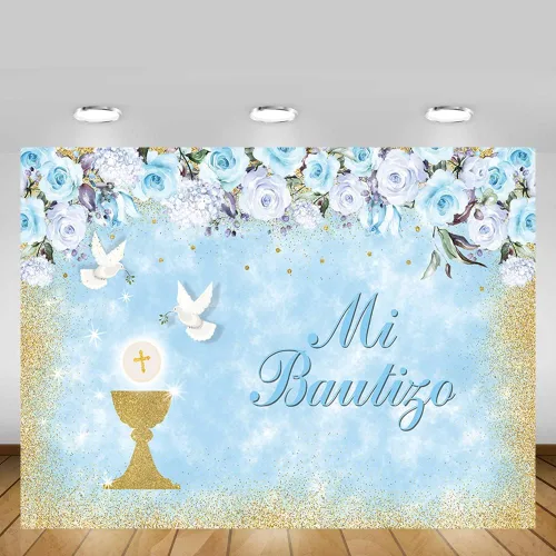 Miniatura 5 de MEHOFOND Mi Bautizo - Telón de fondo para fiesta de bautismo para niños, fondo de fotografía de fondo dorado con texto en inglés "Bless Bles", Azul