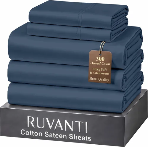 Miniatura 56 de RUVANTI Juego de sábanas de 100 % algodón tamaño matrimonial, tejido de satén suave y sedoso de 300 hilos, refrescante, ligero y transpirable, Beige