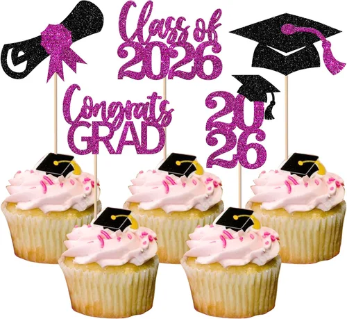 Miniatura 15 de Paquete de 24 adornos para cupcakes de clase 2025 con purpurina 2025 para diploma de graduación 2025 para cupcakes temáticos de graduación 2025