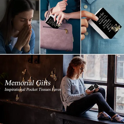 Miniatura 7 de 100 Paquetes de Pañuelos Faciales Conmemorativos "Aquellos que Amamos No Se Van" Poema Inspiracional Pañuelos de Bolsillo 3 Capas Paquetes de Negro