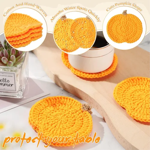 Miniatura 3 de Juego de 4 posavasos de ganchillo hechos a mano con calabazas de ganchillo, juego de posavasos de bebida de otoño, tapetes absorbentes para proteger