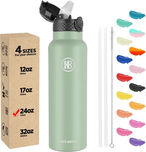 Miniatura 27 de Han's Bottle - Botella de agua para niños con tapa con pajilla - Vaso reutilizable de acero inoxidable aislado para niñas, niños, taza termo, 17