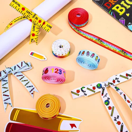 Miniatura 4 de Whaline 12 rollos de cintas de grogrén para el regreso a clases, 60 yardas, cinta de tela con temática de profesores escolares, autobús escolar
