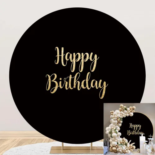 Telón de fondo redondo de feliz cumpleaños negro de 5 x 5 pies, color negro sólido, palabras doradas, fondo de fotografía para adultos, hombres y