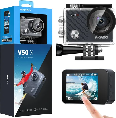 AKASO V50X. Cámara de acción WiFi nativa 4K30fps con pantalla táctil EIS 4X Zoom, resistente al agua hasta 40 metros, soporte para cámara de