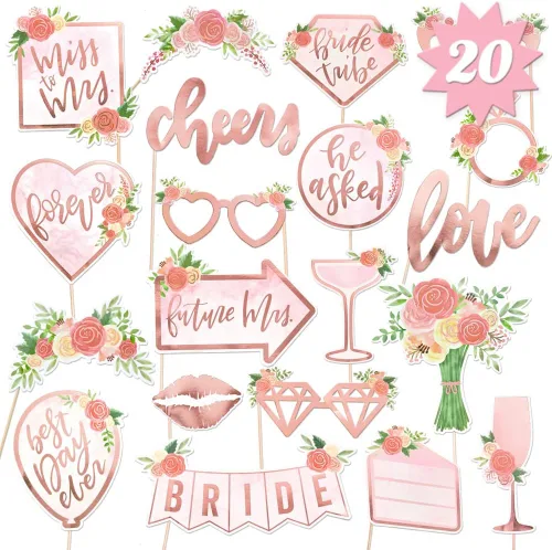 xo, Fetti Accesorios para cabina de fotos de boda, 20 piezas, premontados, decoraciones de despedida de soltera, color oro rosa, novia, señorita a