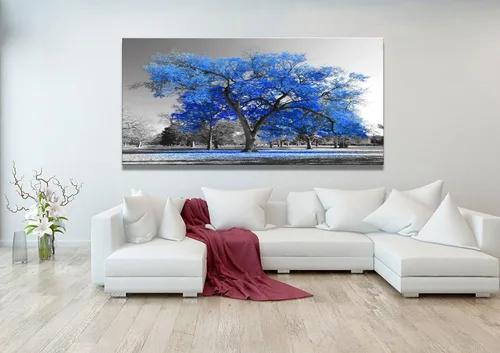 Miniatura 7 de Pintura artística contemporánea de árbol azul en estilo blanco y negro, paisaje de otoño, imagen moderna giclée, estirada y enmarcada